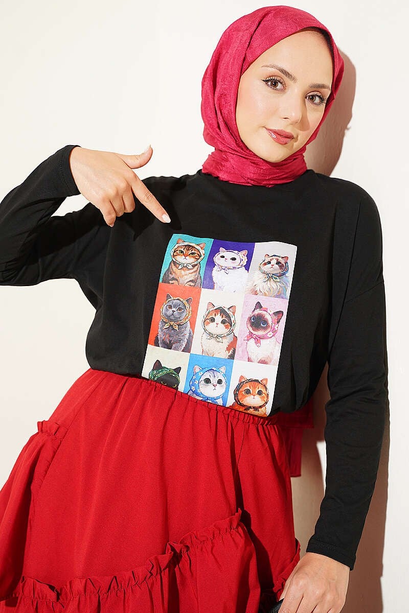 Kedi Baskılı Tunik Siyah