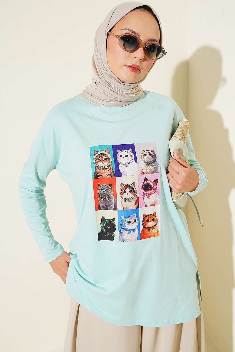 Kedi Baskılı Tunik Su Yeşili