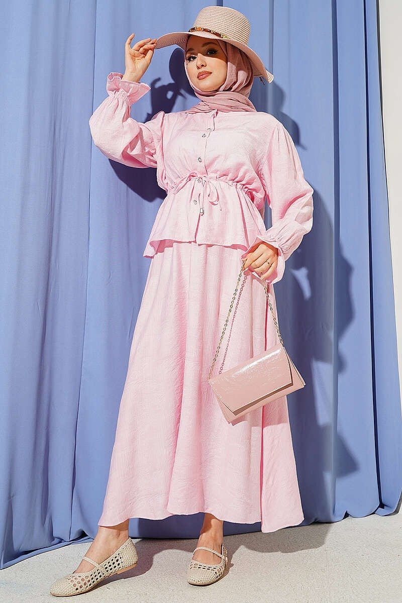 Kendinden Desenli Bel Tünelli Etekli Takım Pembe
