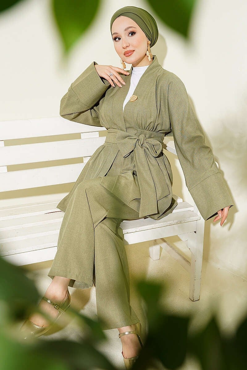 Kendinden Kuşaklı Kimono İkili Takım Çağla Yeşili