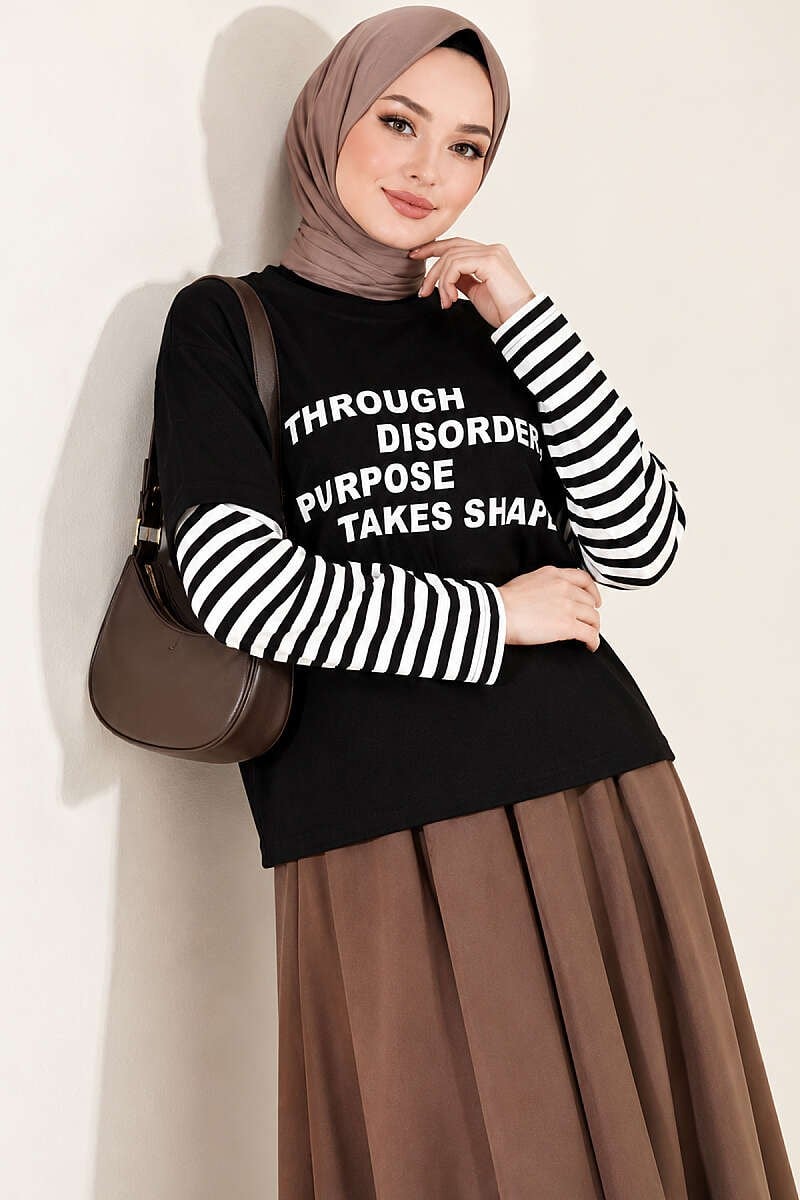 Kol Çizgili Baskılı Sweatshirt Siyah