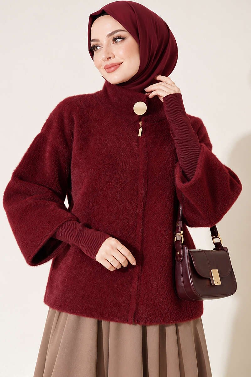 Kol Ribanalı Fermuarlı Angora Hırka Bordo