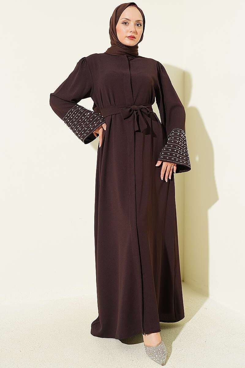 Kolları İnci Süslemeli Abaya Kahve