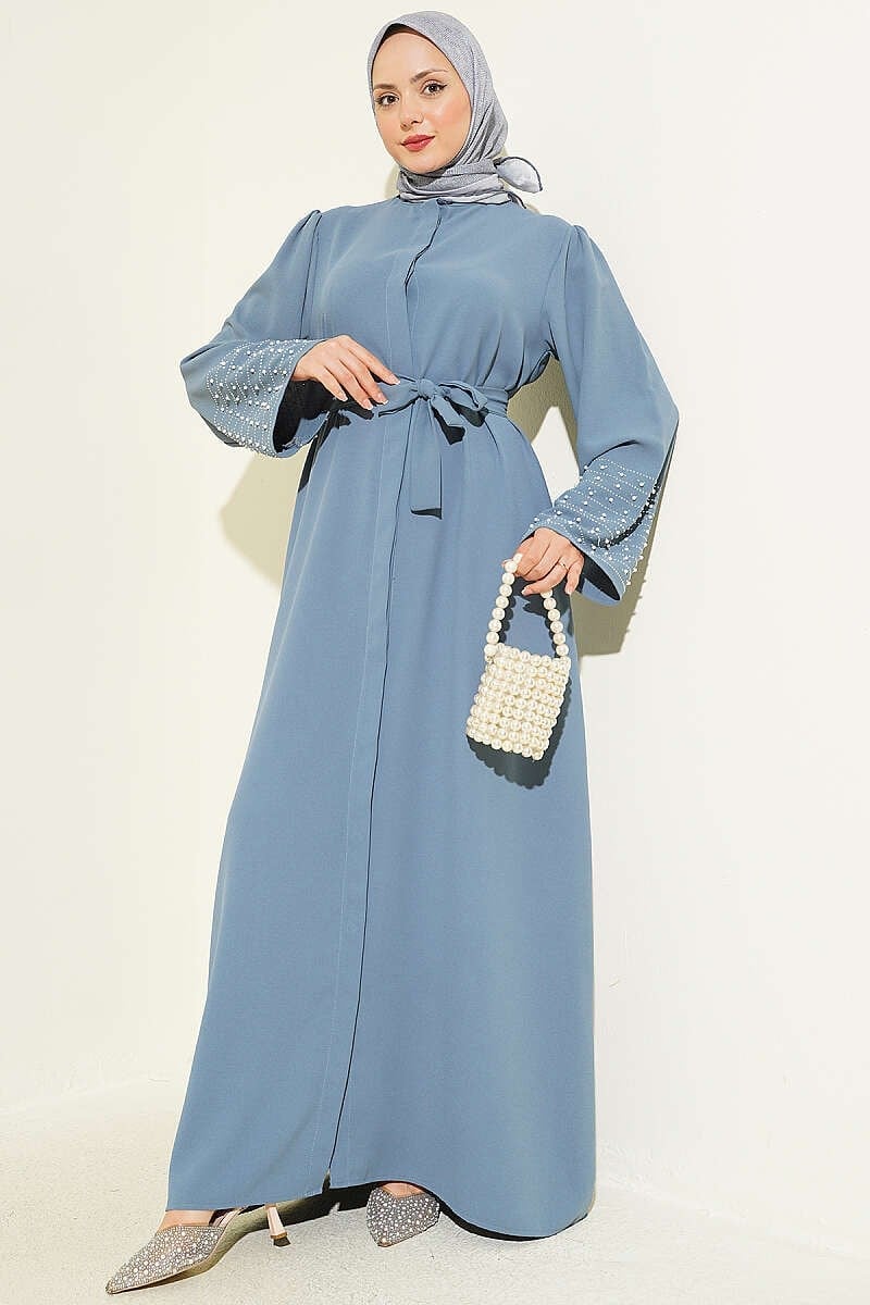 Kolları İnci Süslemeli Abaya Kayrak Grisi