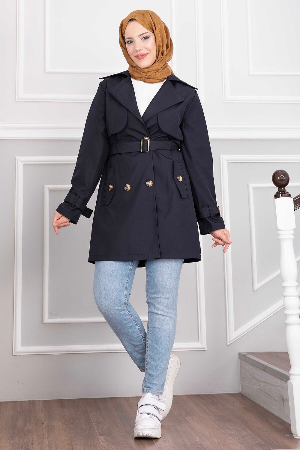 Kruvaze Yaka Kemerli Trençkot Lacivert