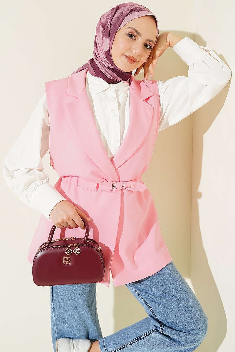 Kruvaze Yaka Kemerli Yelek Pembe