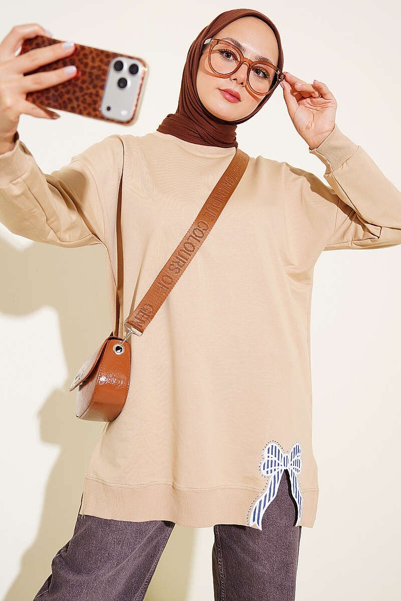 Kurdele Detaylı Bisiklet Yaka Tunik Bej