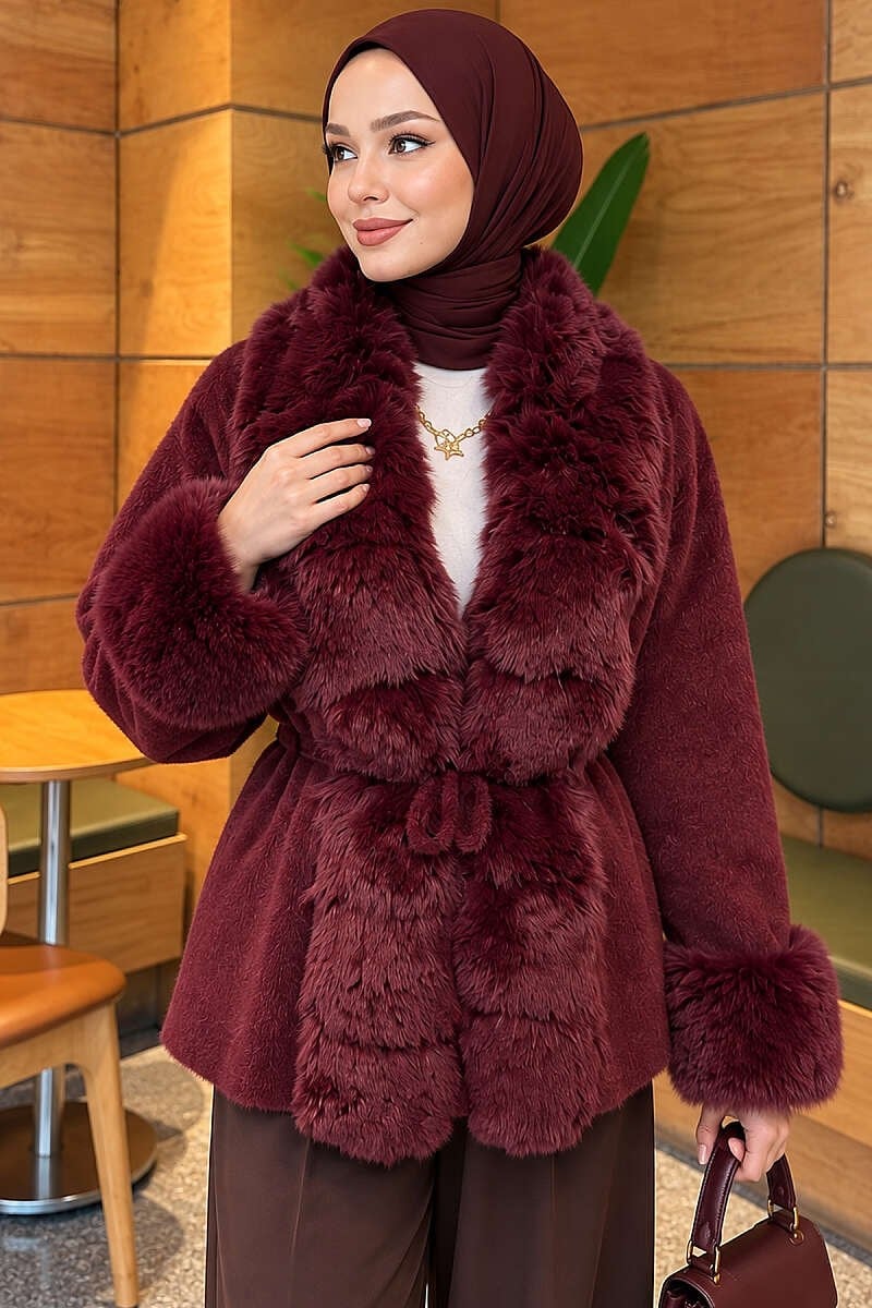 Kürklü Beli Kuşaklı Angora Kaşe Bordo