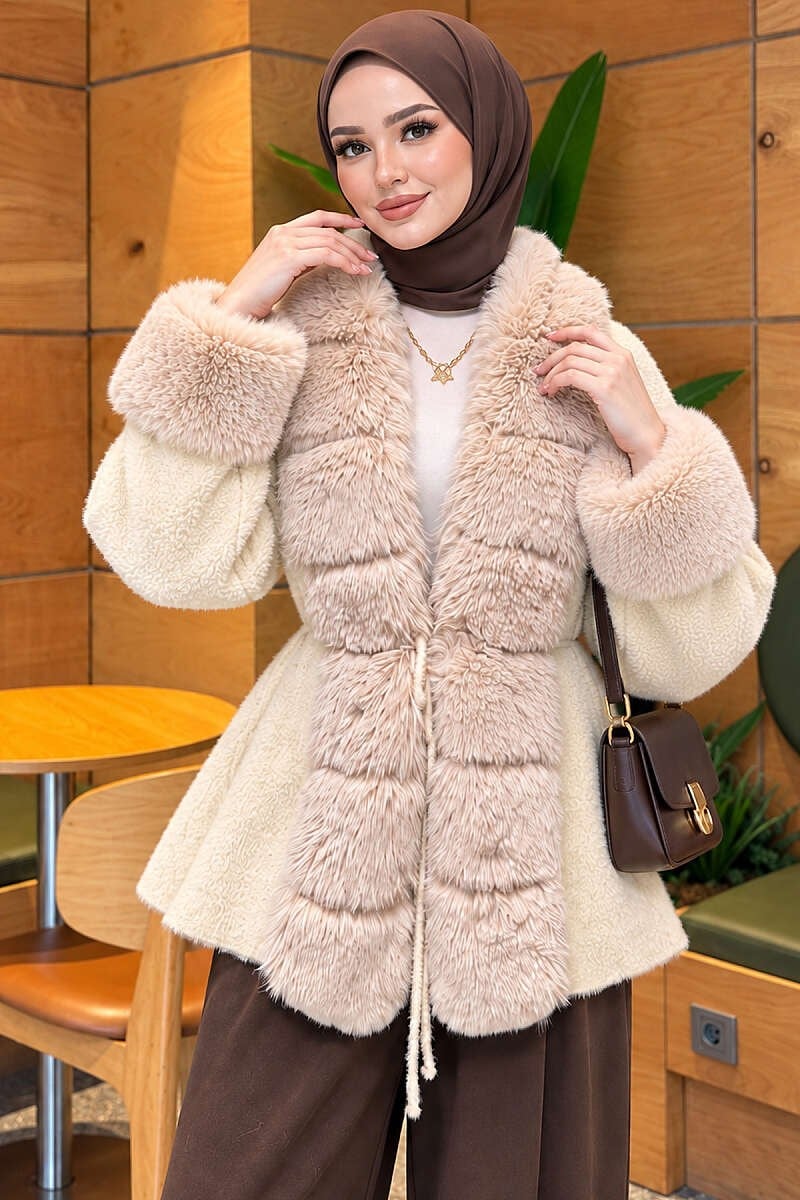 Kürklü Beli Kuşaklı Angora Kaşe Ekru