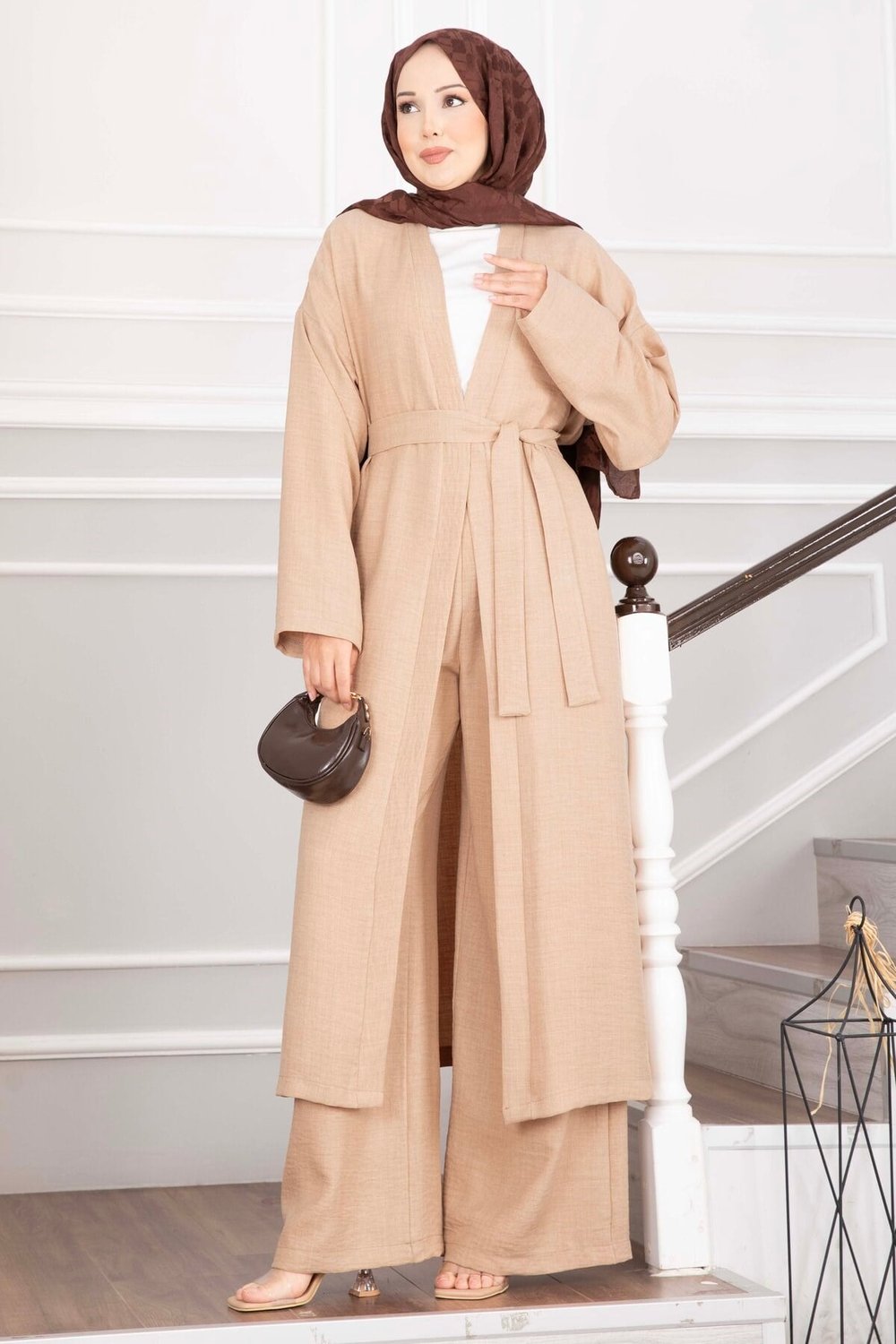 Kuşaklı Kimono Pantolon İkili Takım Camel