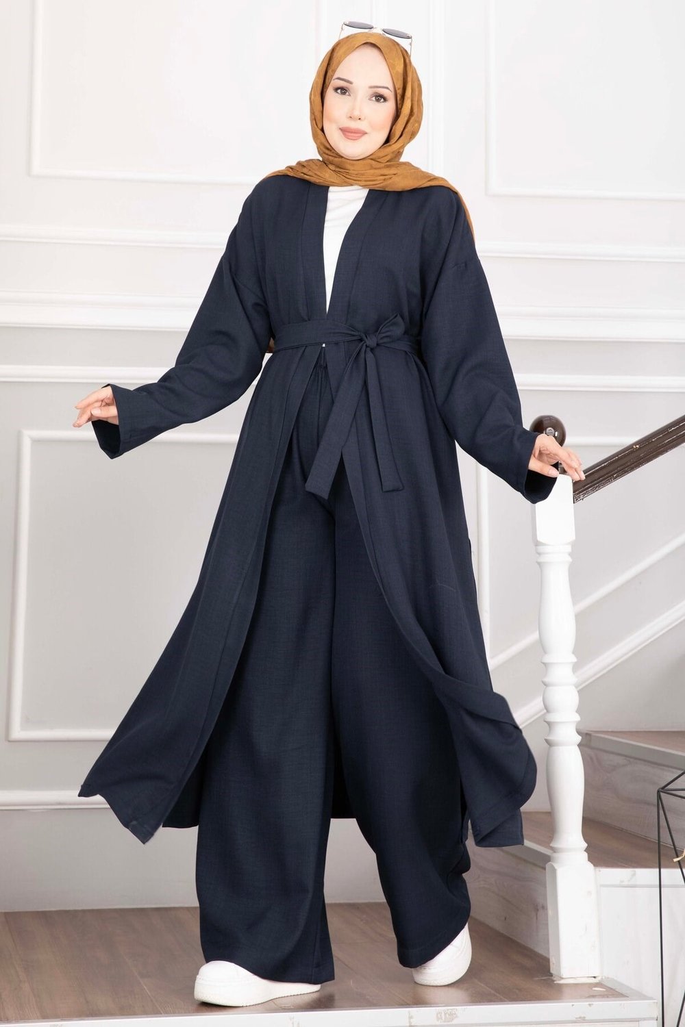 Kuşaklı Kimono Pantolon İkili Takım Lacivert