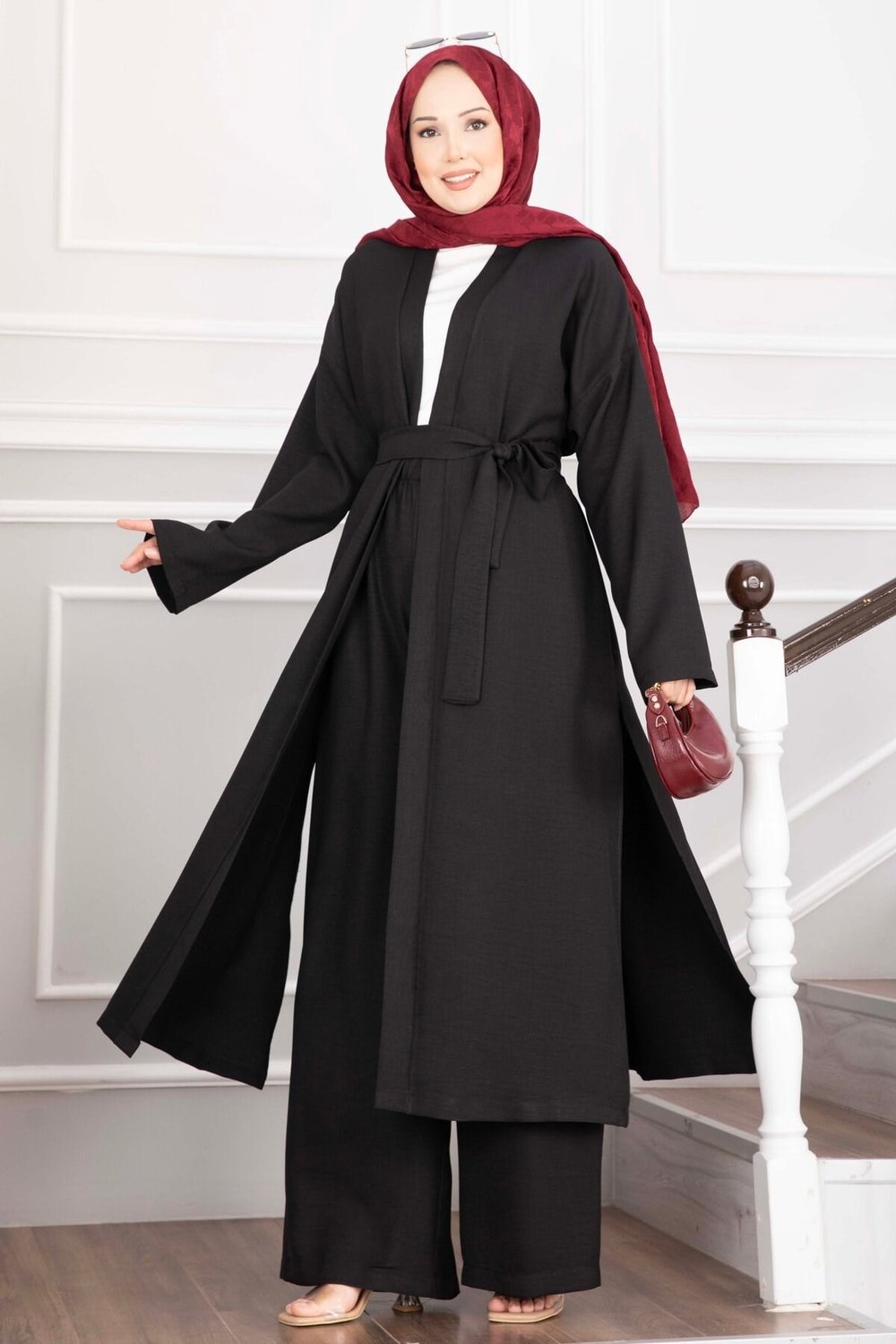 Kuşaklı Kimono Pantolon İkili Takım Siyah