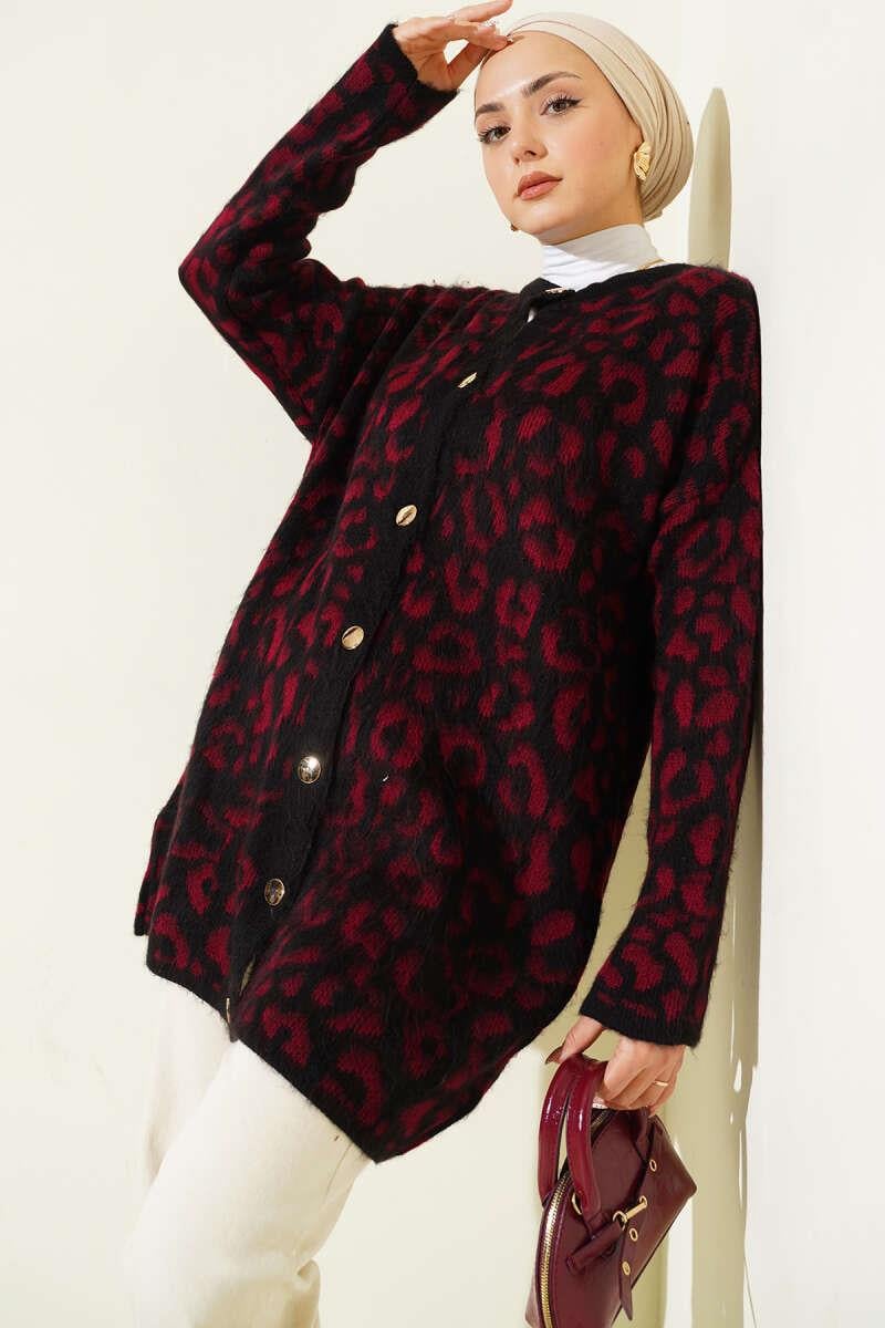 Leopar Desenli Şardonlu Triko Hırka Bordo