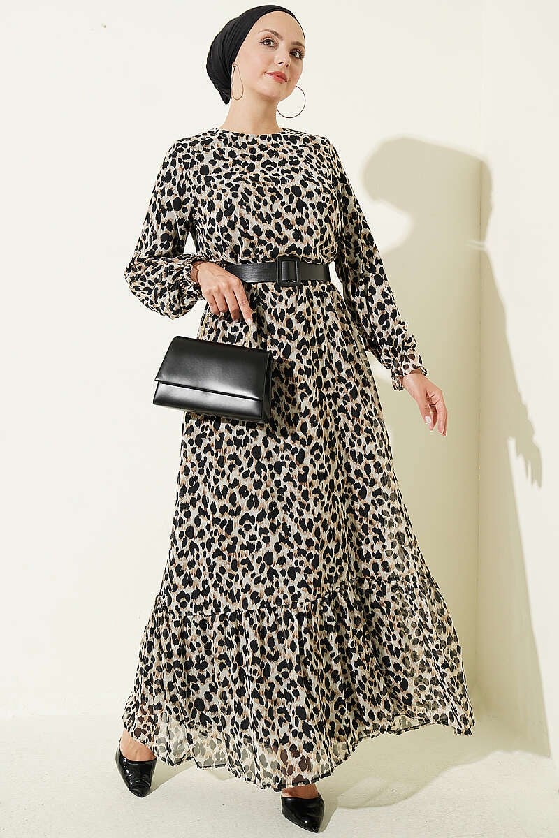 Leopar Desenli Şifon Elbise Siyah