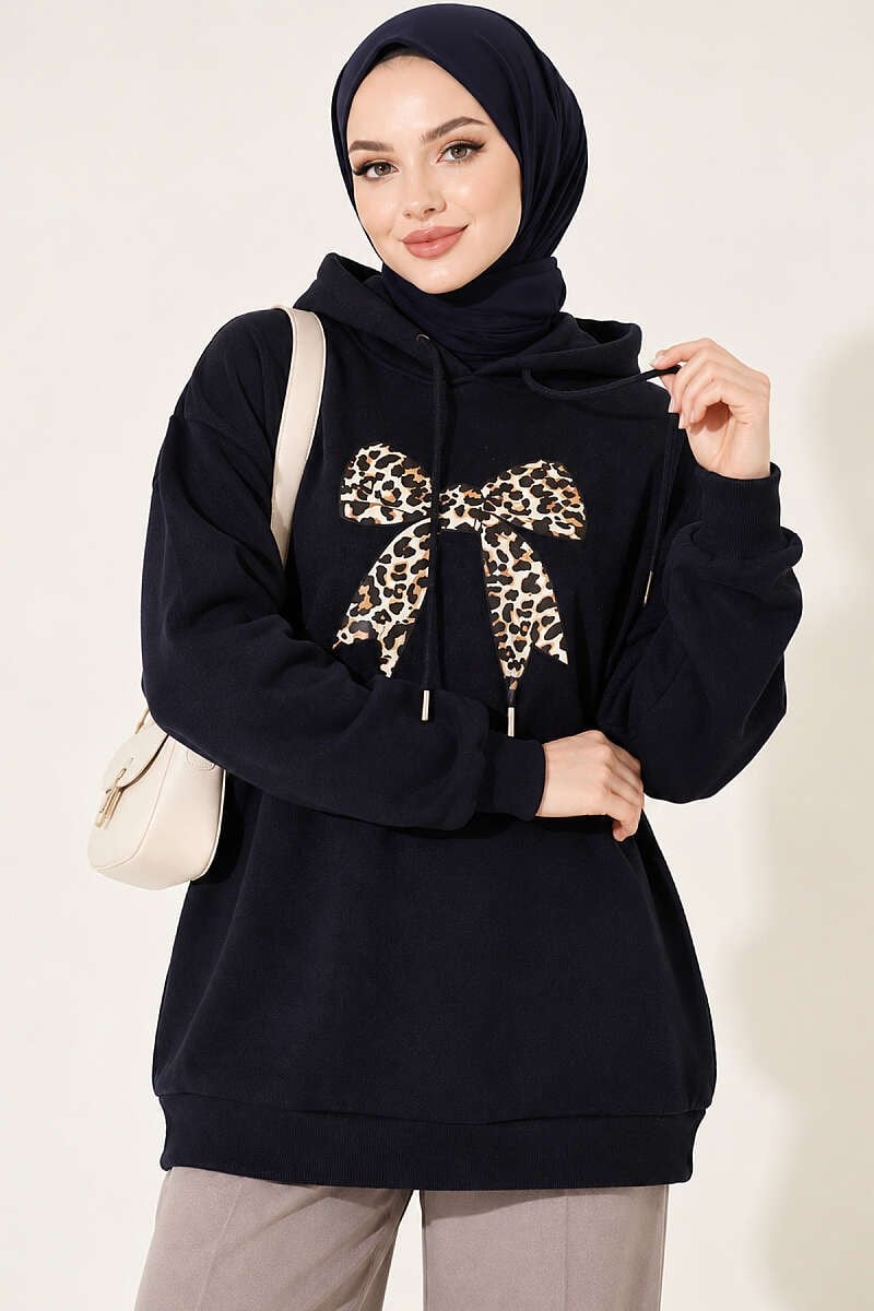 Leopar Kurdele Baskılı Üç İplik Sweatshirt Lacivert
