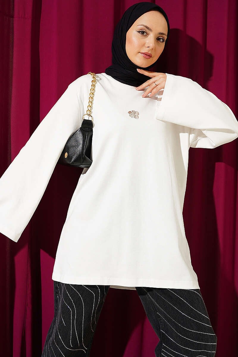 Lilyum Baskılı Basic Tunik Ekru