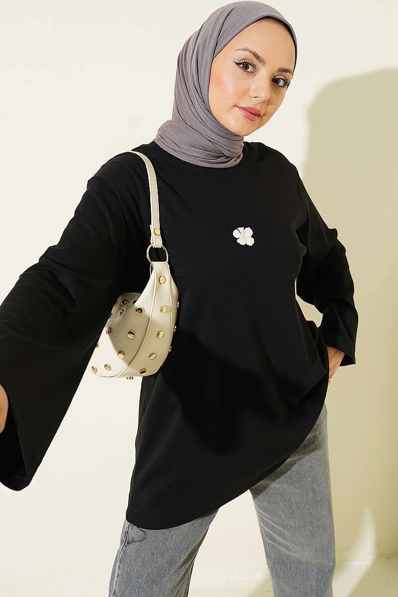 Lilyum Baskılı Basic Tunik Siyah