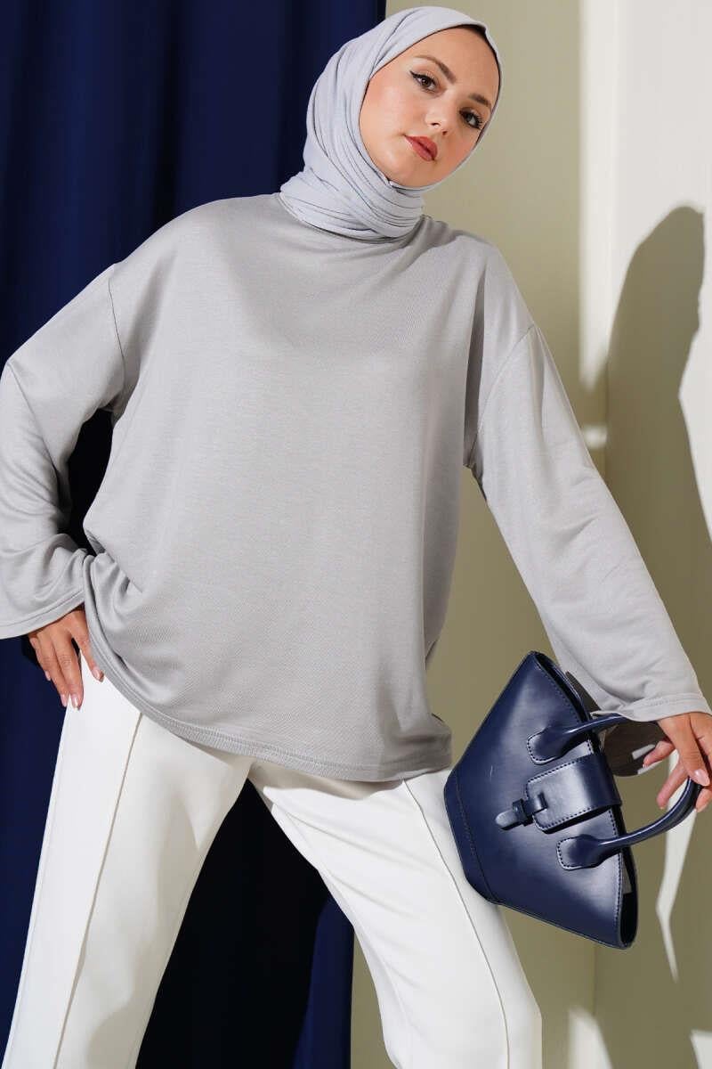 Loyşa Düşük Omuz Basic Tunik Gri