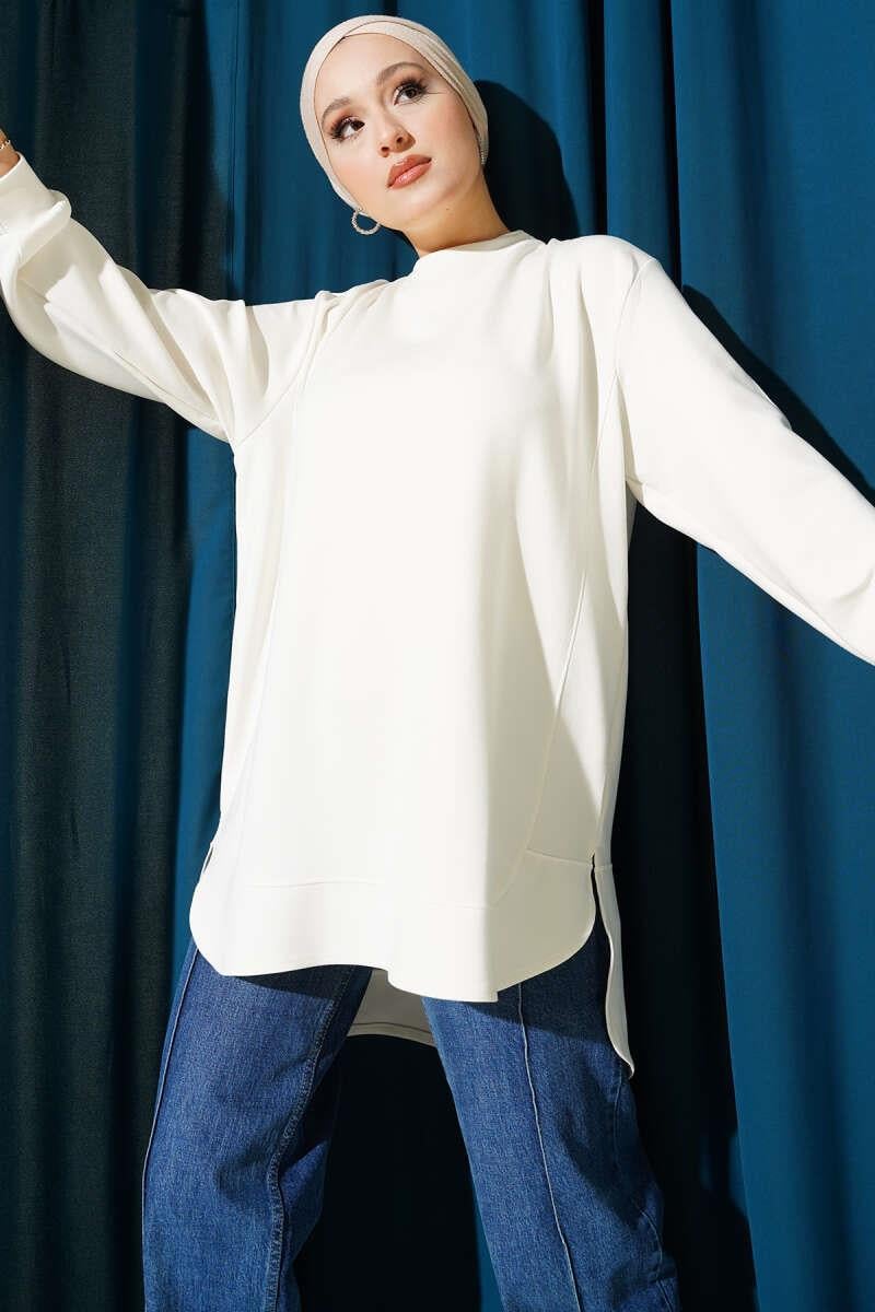 Loyşa Oval Kesim Oversize Tunik Ekru