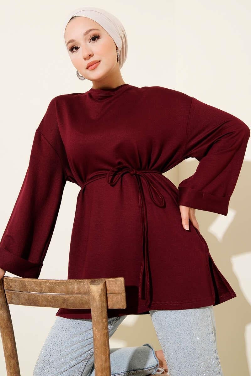 Loyşa Yan Yırtmaçlı Kuşaklı Tunik Bordo