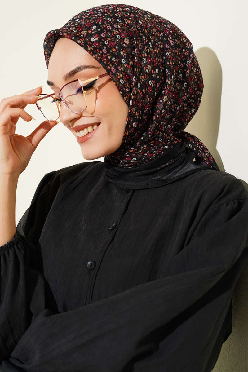 Mini Çiçek Detaylı Eşarp Siyah Bordo