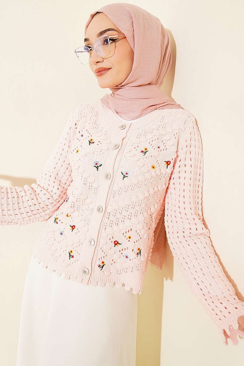 Mini Çiçek Nakışlı Kısa Triko Hırka Pembe