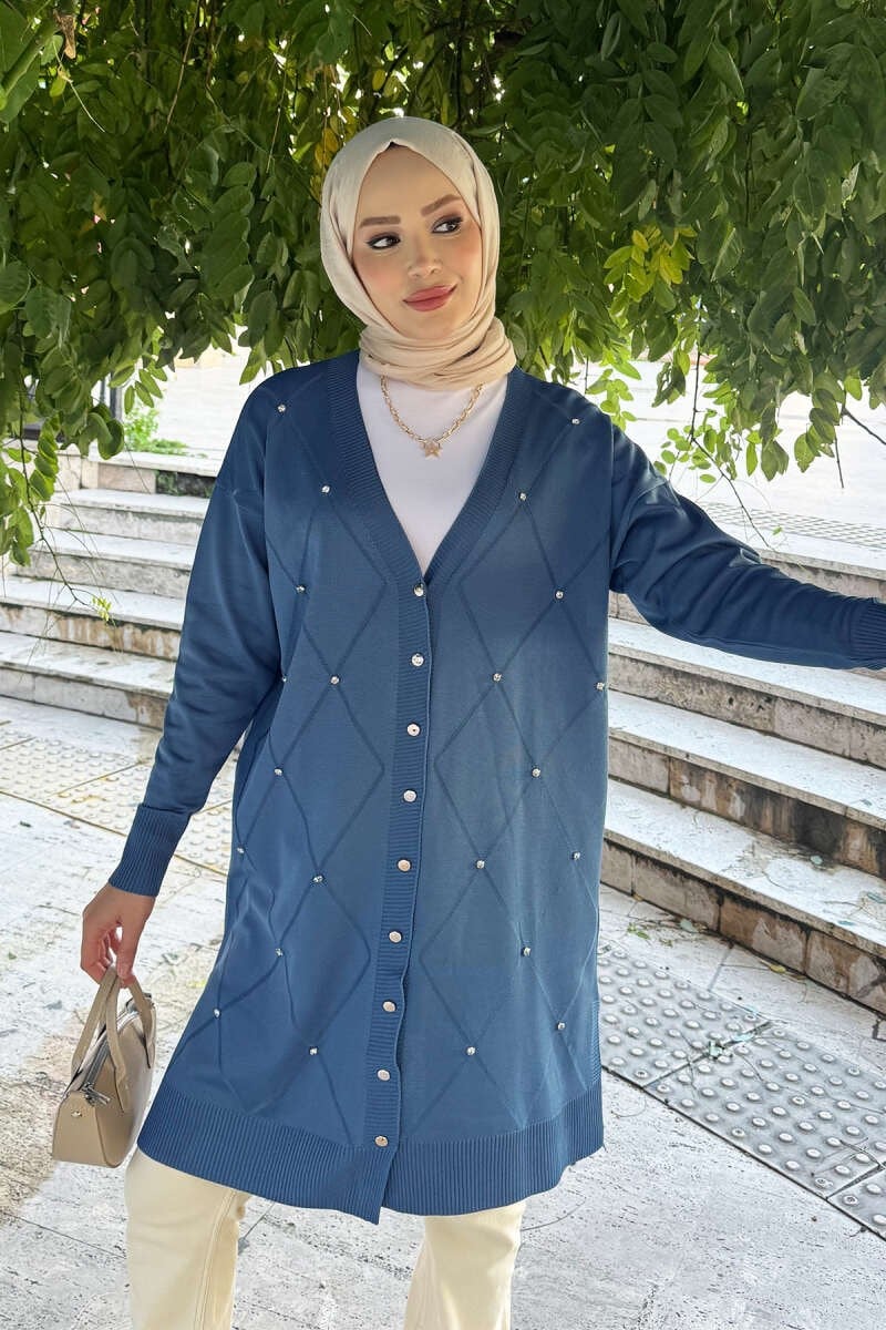 Mini Taşlı Merserize Hırka İndigo
