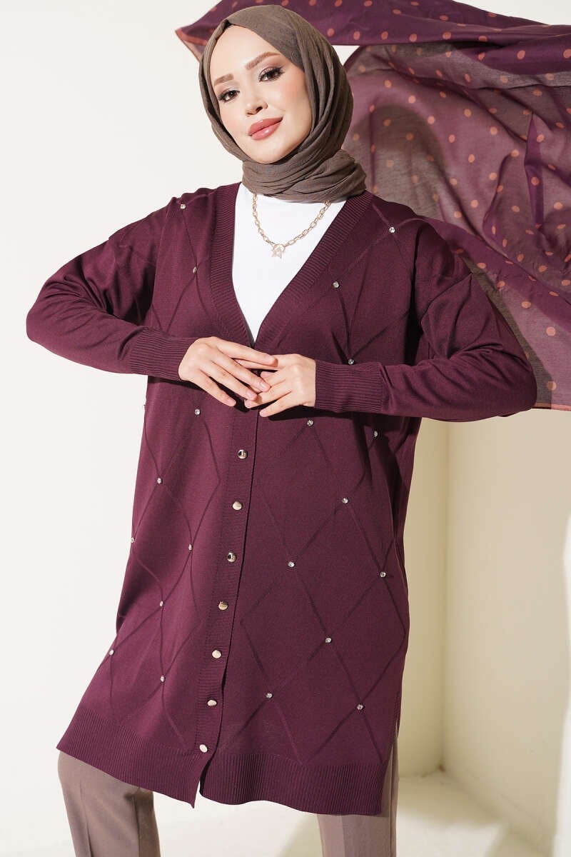 Mini Taşlı Merserize Hırka Mürdüm