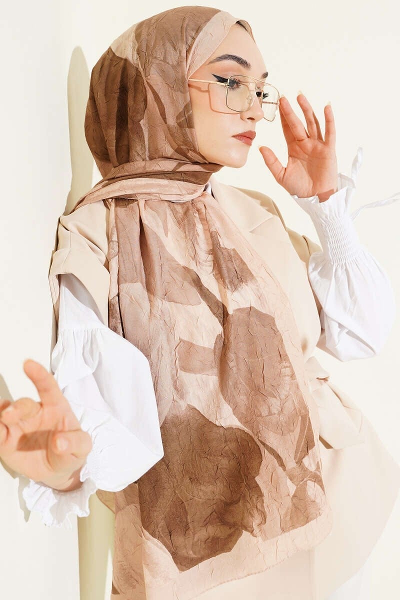 Modern Floral Desen Bambu Kraş Şal Kum Bej