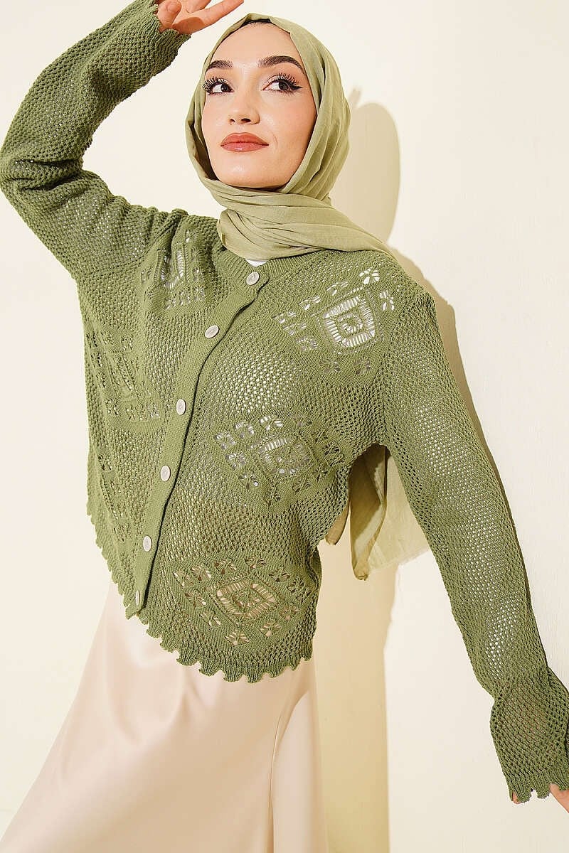 Motif Desen Ajurlu Kısa Hırka Haki