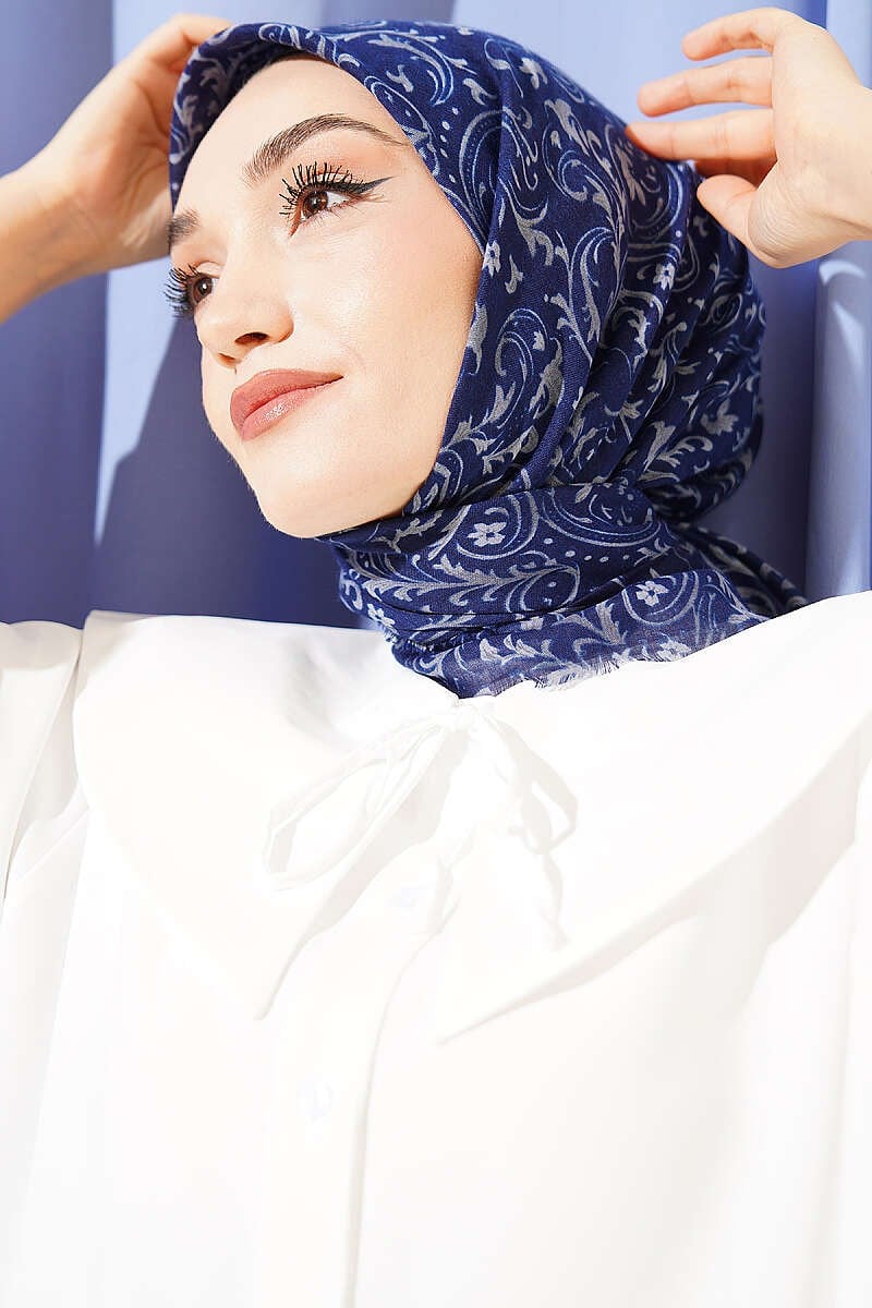 Motifli Flamu Cotton Eşarp Lacivert Gri