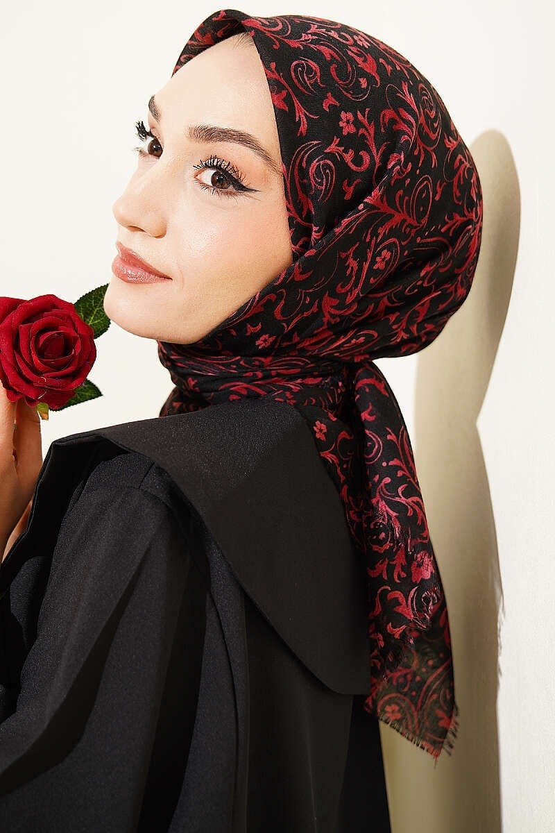 Motifli Flamu Cotton Eşarp Siyah Bordo