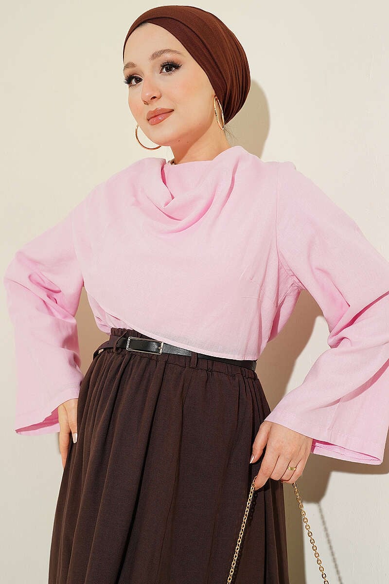 Omuz Şallı Vual Bluz Pembe