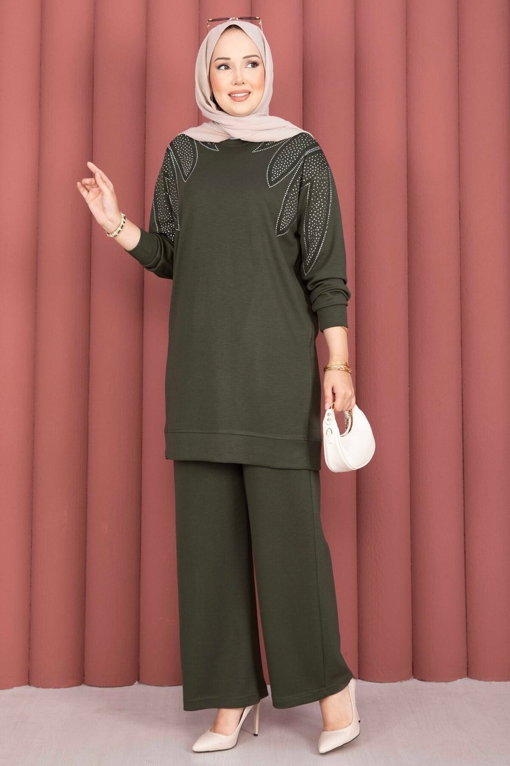 Omzu Taşlı Tunik Pantolon İkili Takım Haki