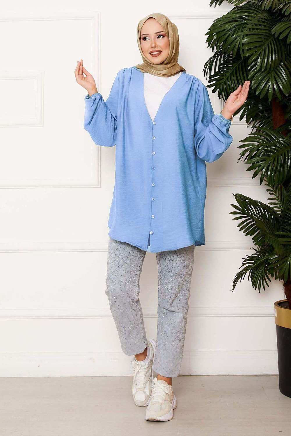 Önden Düğmeli Kimono Gömlek Mavi