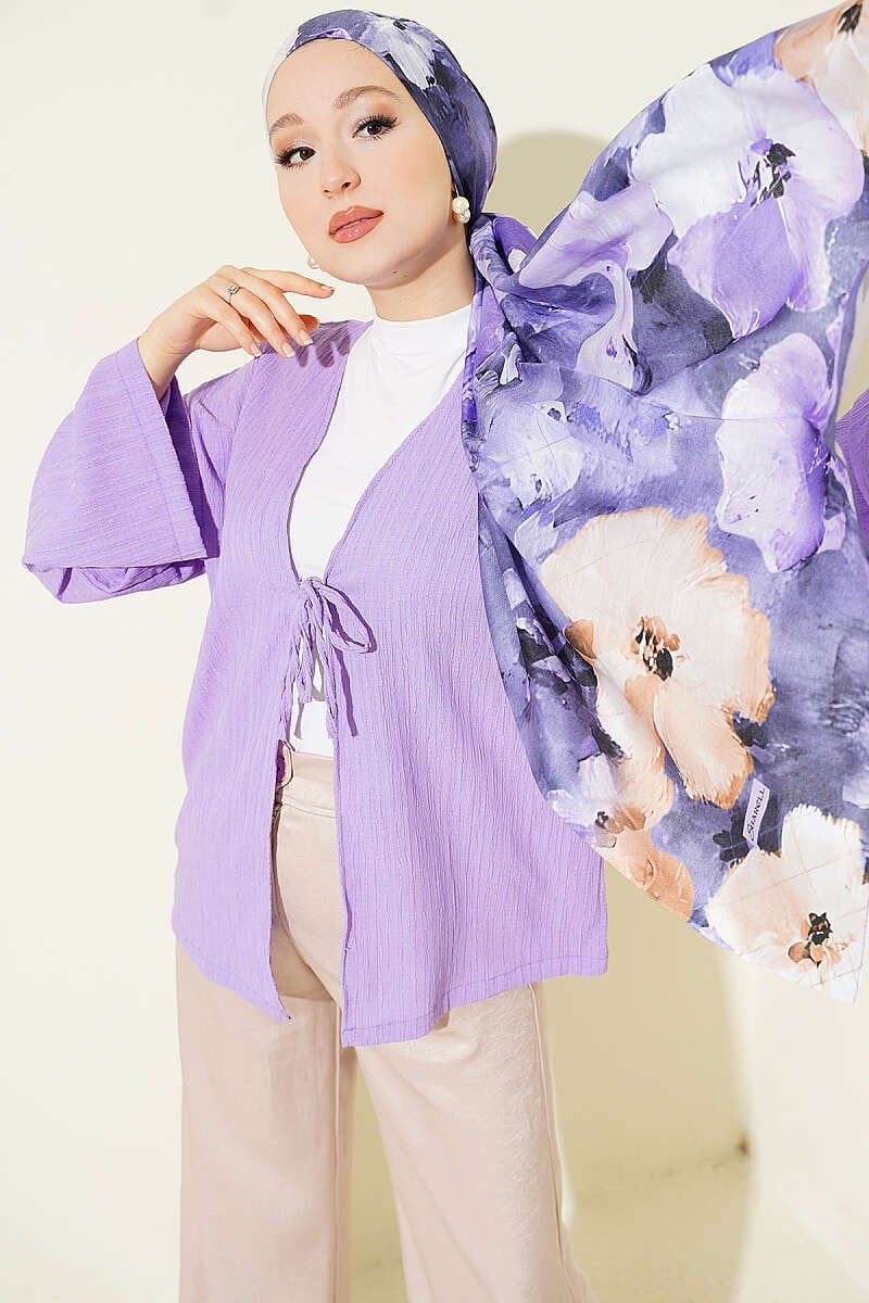 Önü Bağcıklı Ağaç Kabuğu Kimono Lila
