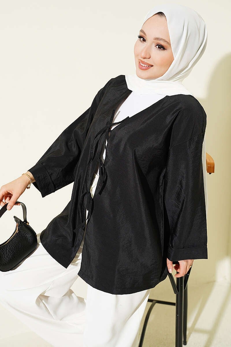 Önü Bağlamalı Salaş Paraşüt Kimono Siyah