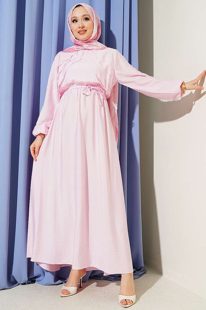 Önü Dikey Fırfırlı Bel Lastikli Elbise Pembe