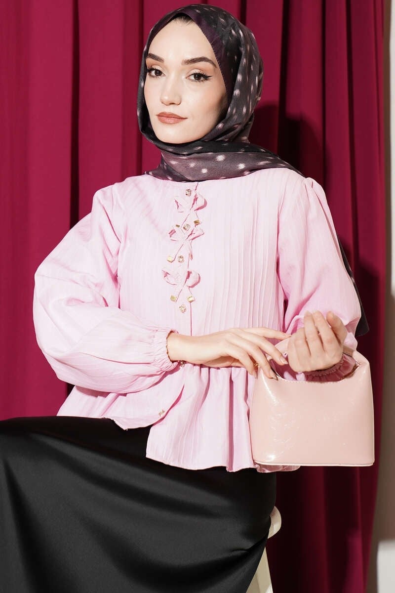 Önü Fiyonklu Fırfırlı Kısa Gömlek Pembe