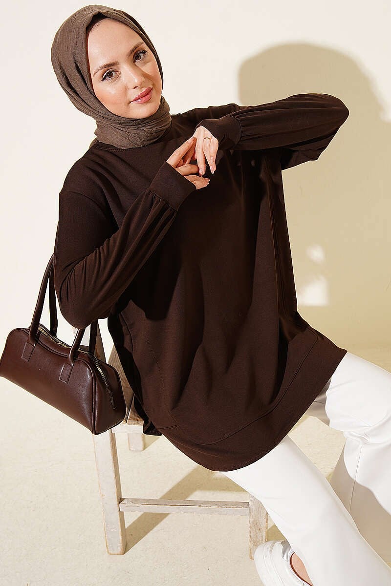 Oval Dikişli Loyşa Tunik Kahve