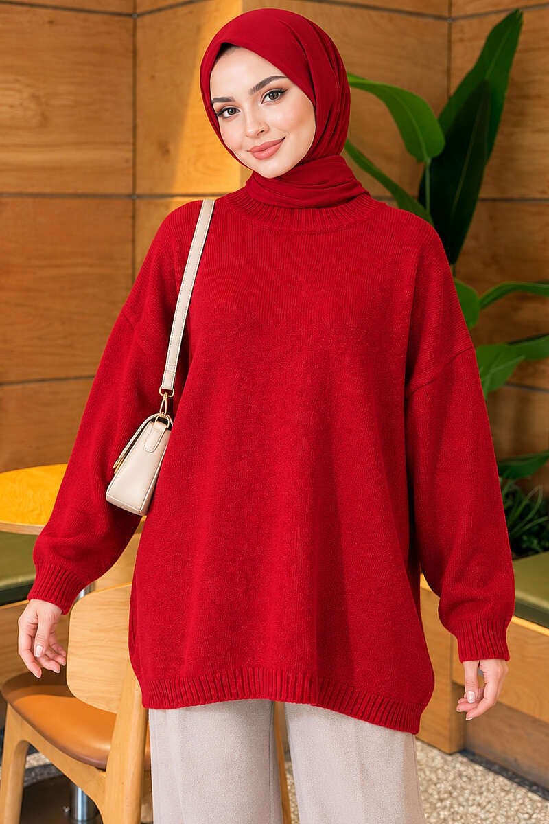 Oversize Düşük Omuz Triko Tunik Kırmızı