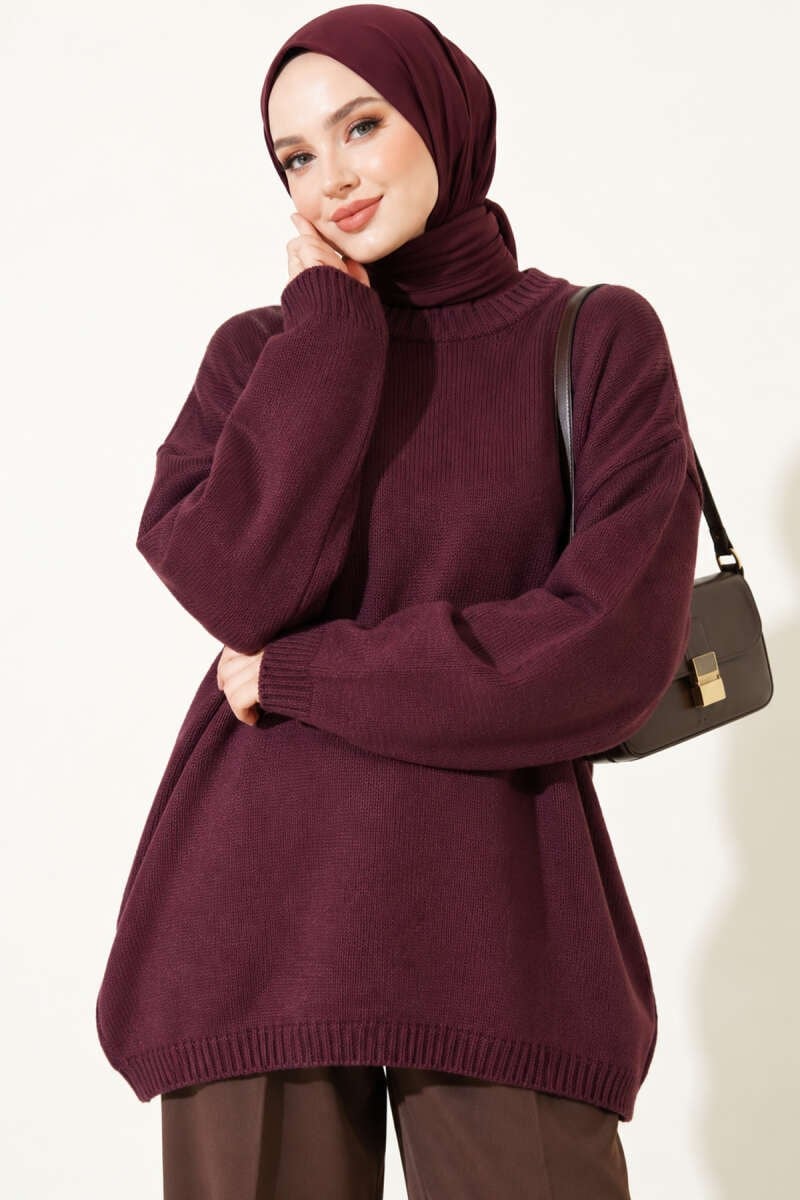 Oversize Düşük Omuz Triko Tunik Mürdüm