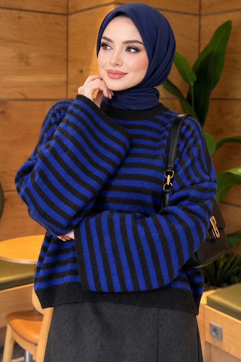 Oversize İnce Çizgili Triko Kazak Antrasit
