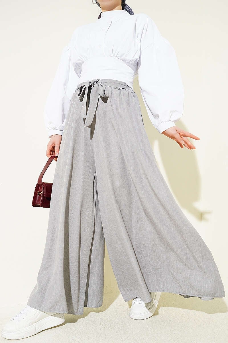 Oversize Paçalı Bağlamalı Pantolon Gri