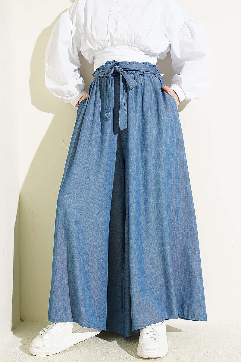 Oversize Paçalı Bağlamalı Pantolon İndigo