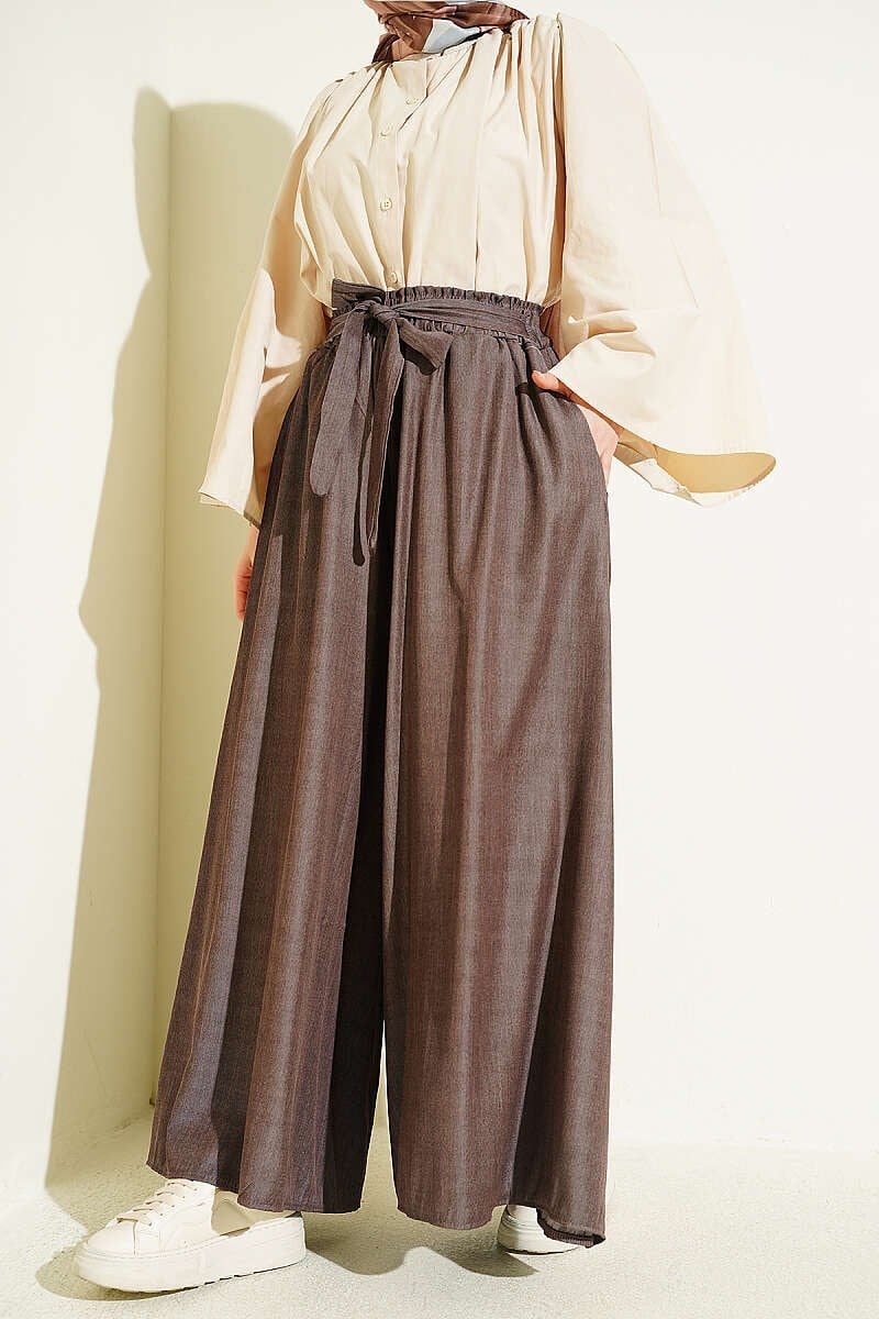Oversize Paçalı Bağlamalı Pantolon Kahve