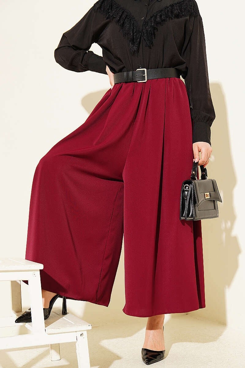 Oversize Paçalı Bel Lastikli Pantolon Bordo