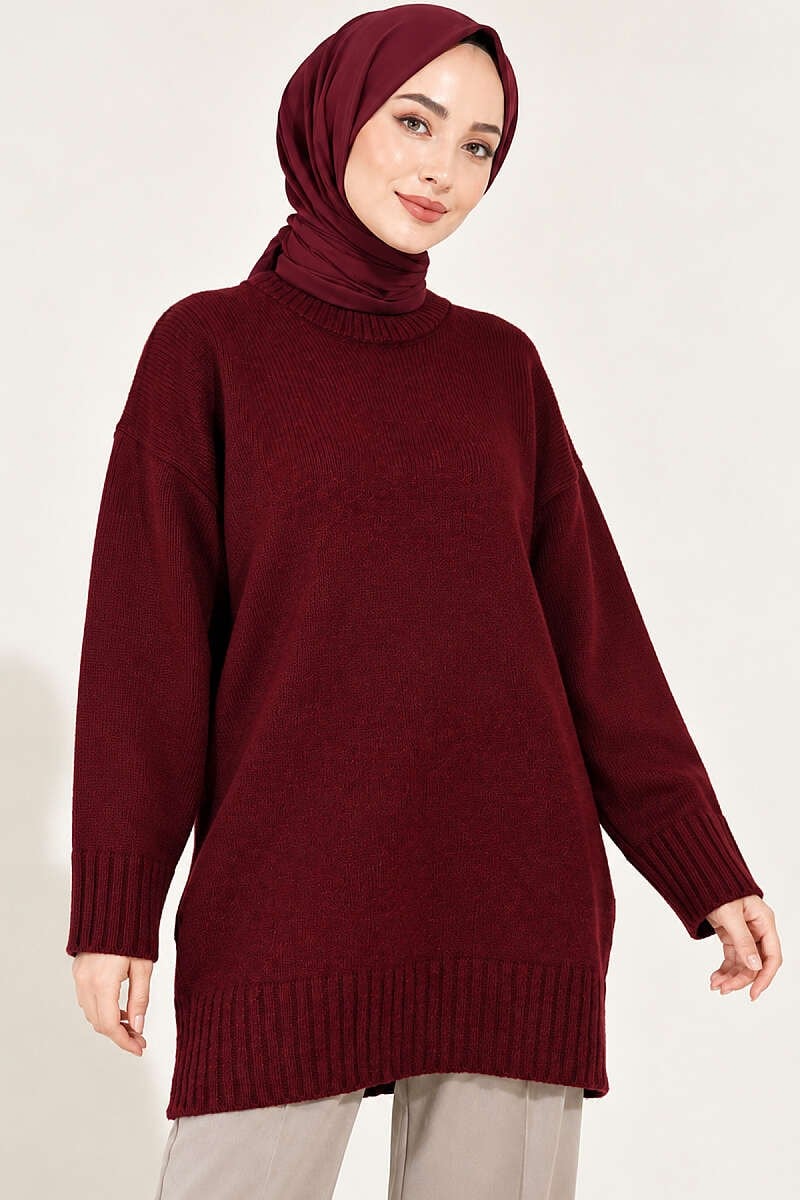 Oversize Ribanalı Triko Tunik Bordo