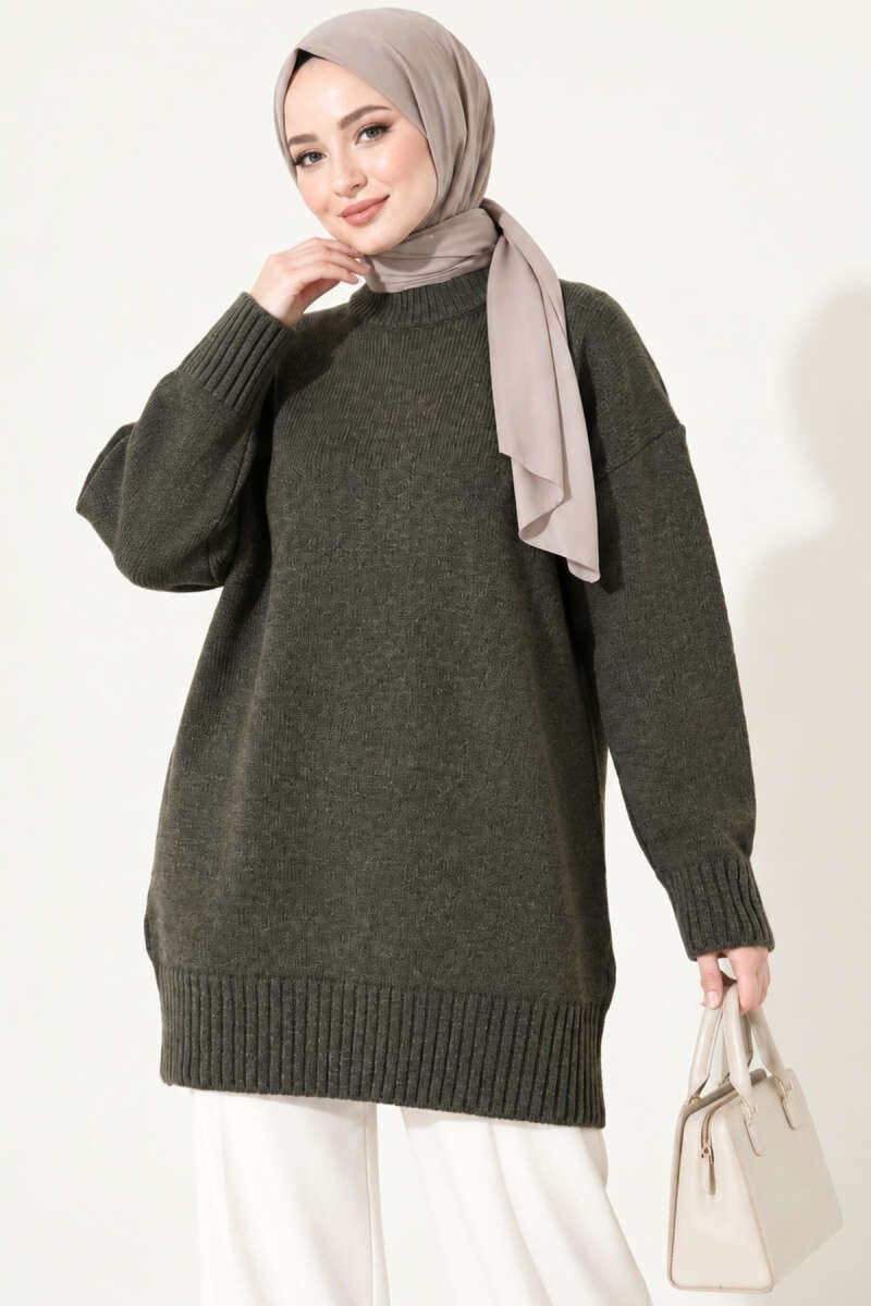 Oversize Ribanalı Triko Tunik Füme