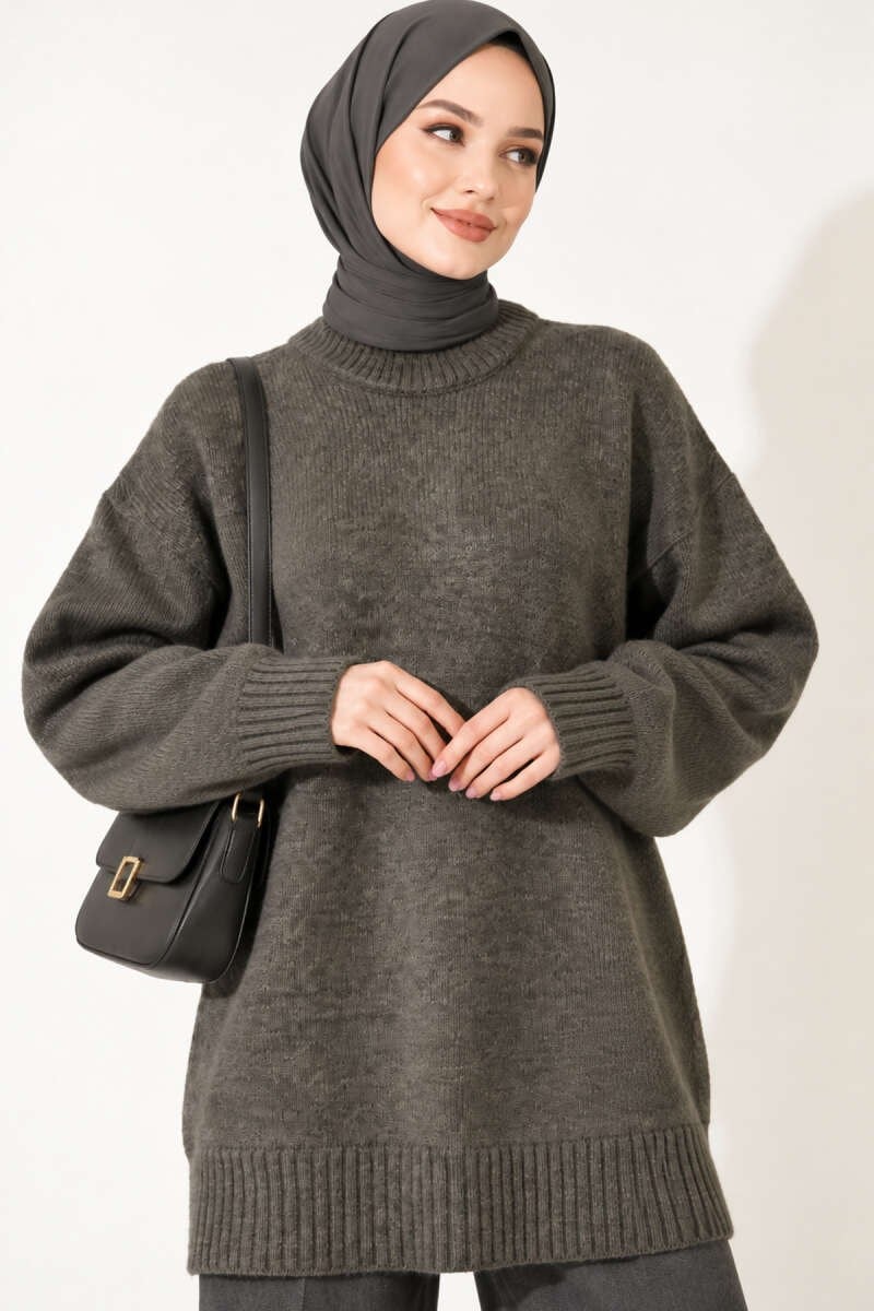 Oversize Ribanalı Triko Tunik Haki